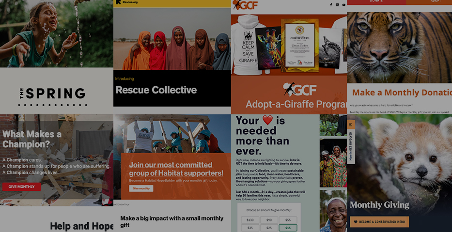 Screenshots of nonprofits with great recurring giving programs